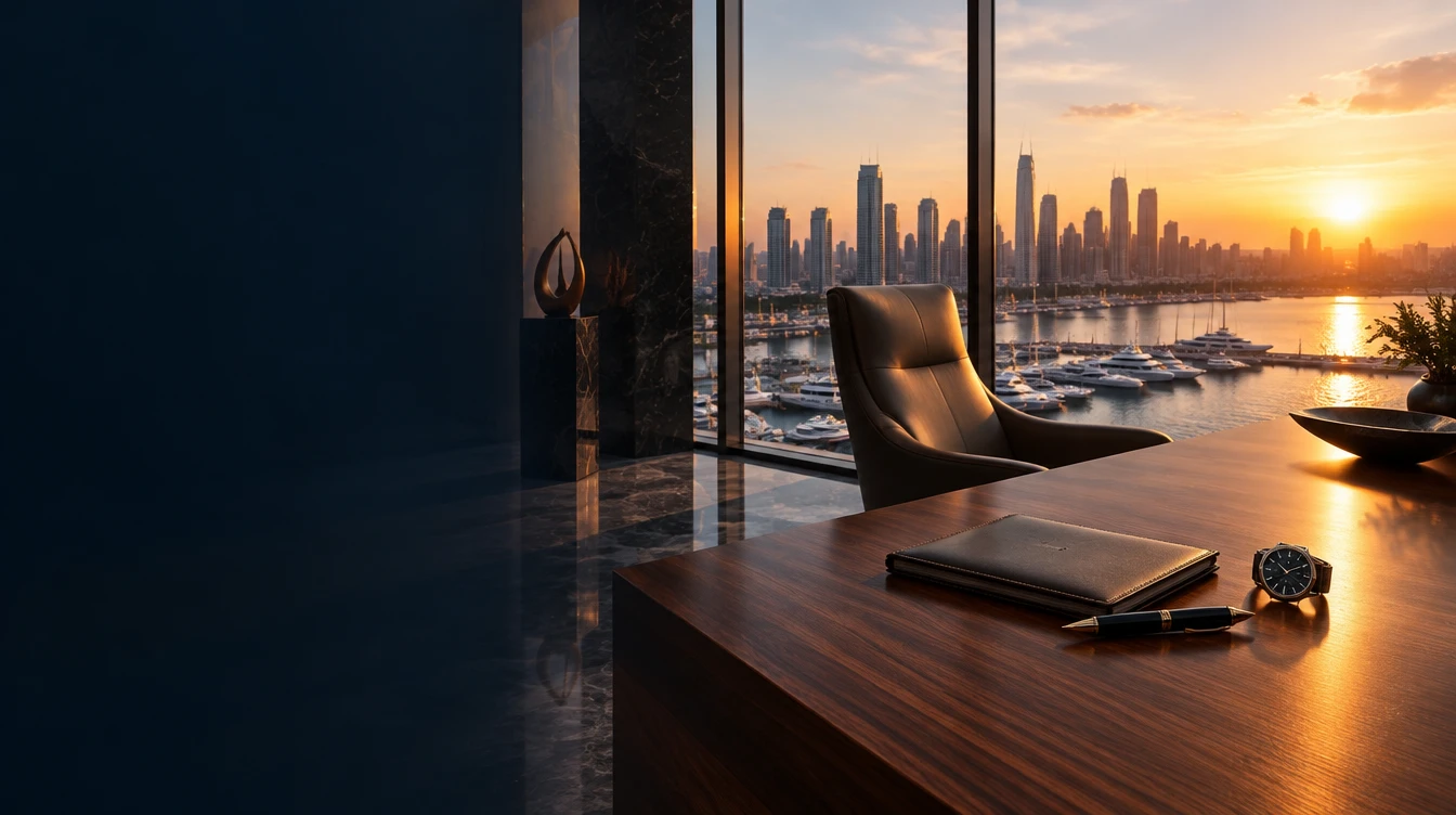 Penthouse office overlooking a city skyline and marina at sunset