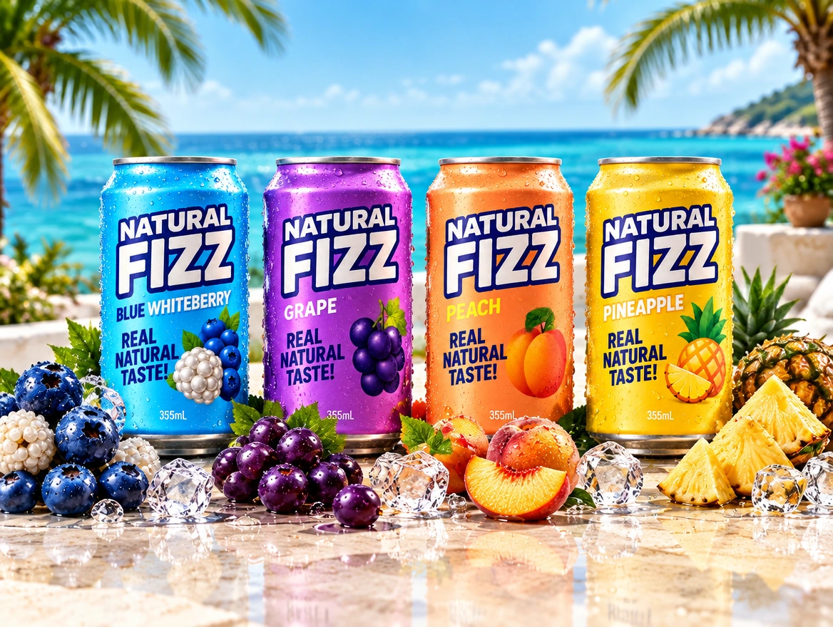 The new Natural Fizz can designs: Blue Whiteberry, Grape, Peach and Pineapple